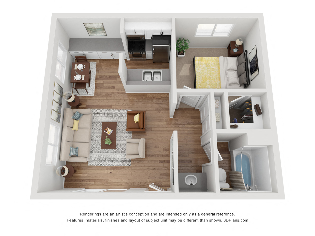 Floor plan for 1 bed, 1 bath, 655 sqft